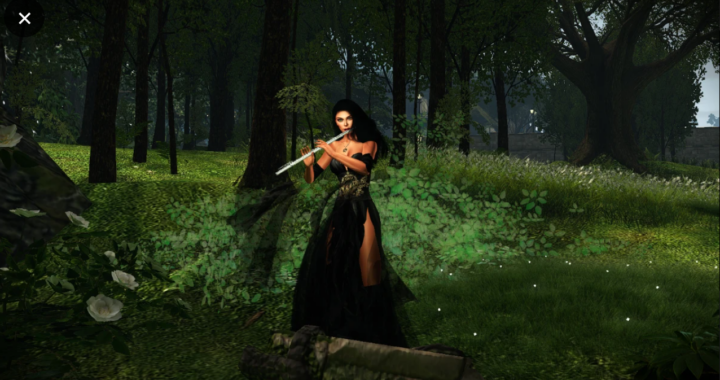 Woman in a field in Second Life, playing a flute.